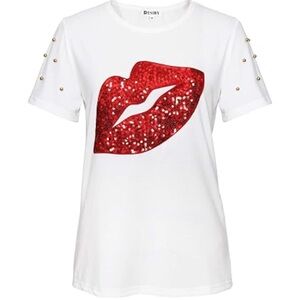 Women’s Red Lip Sequence T-Shirt with metal balls on sleeves XL Concert funky